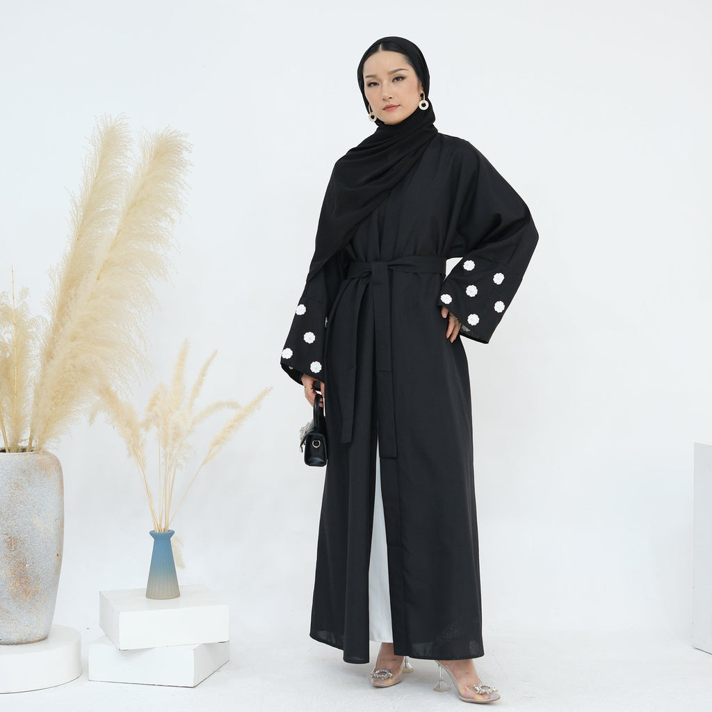 Floral Embroidery Linen Open Abaya