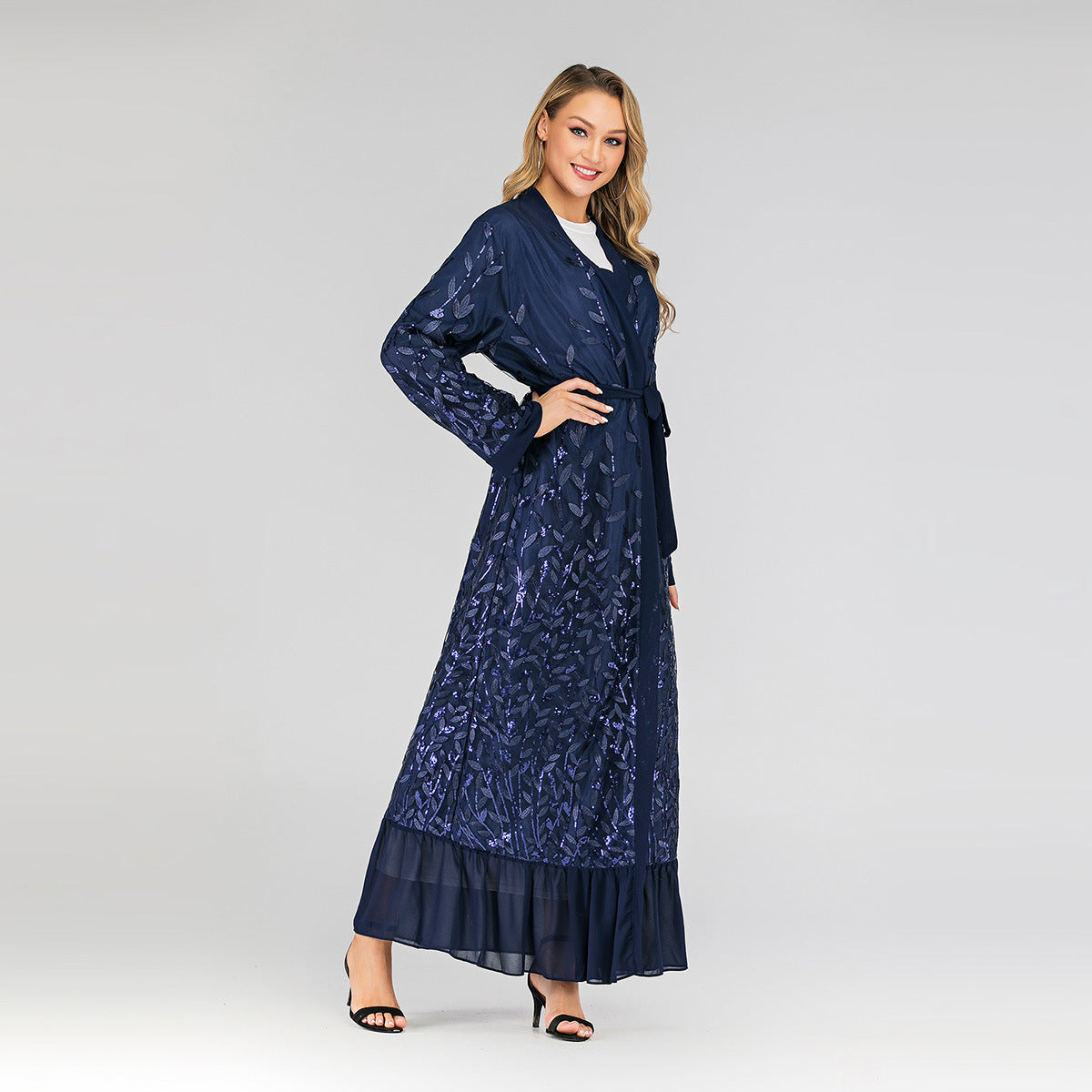 Lace Leaf Embroidery Sequins Open Abaya