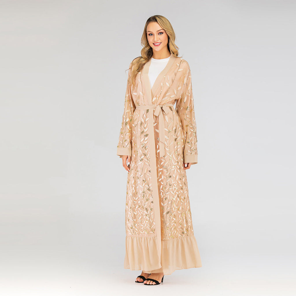 Lace Leaf Embroidery Sequins Open Abaya