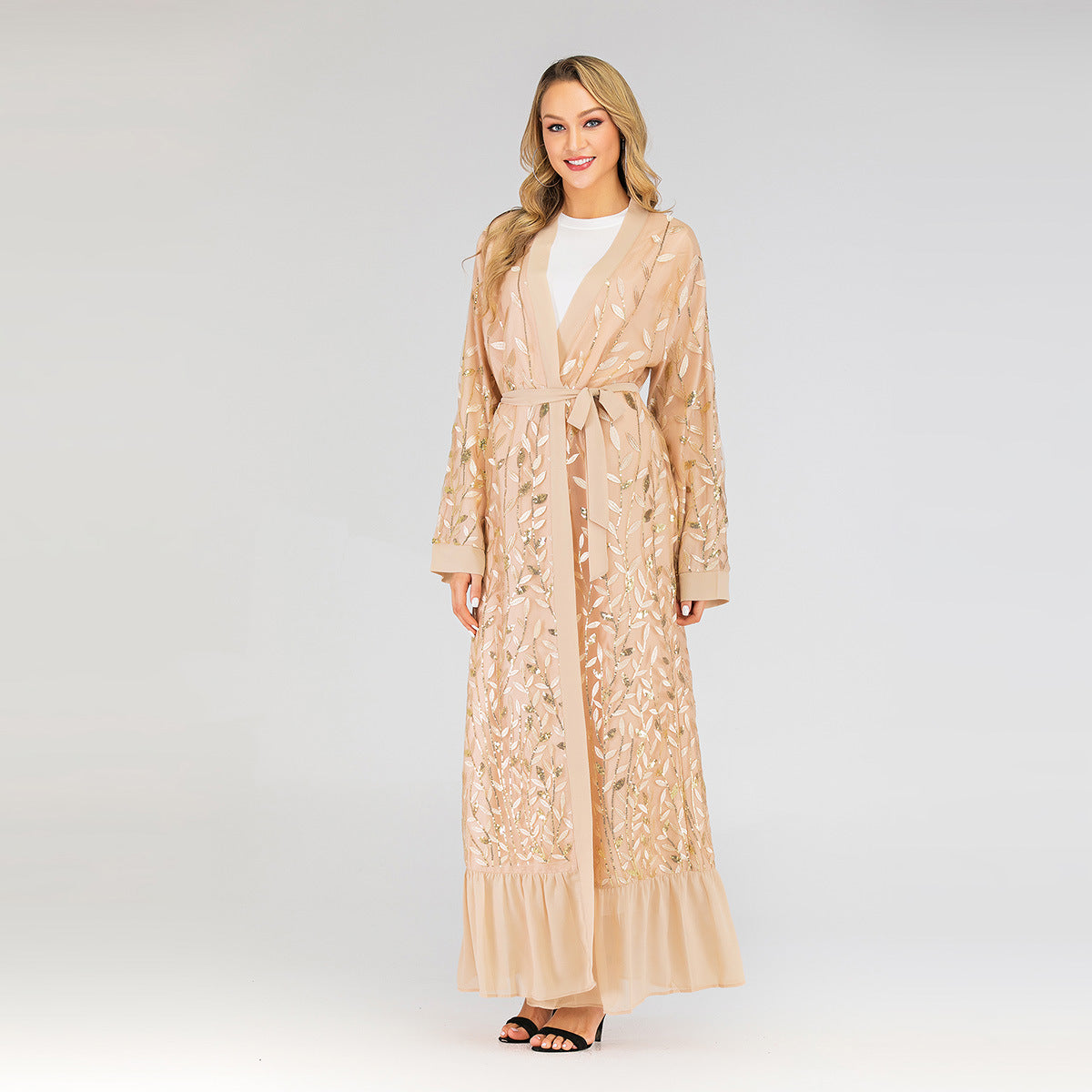 Lace Leaf Embroidery Sequins Open Abaya