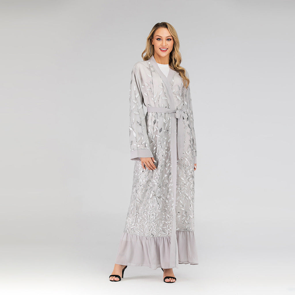 Lace Leaf Embroidery Sequins Open Abaya