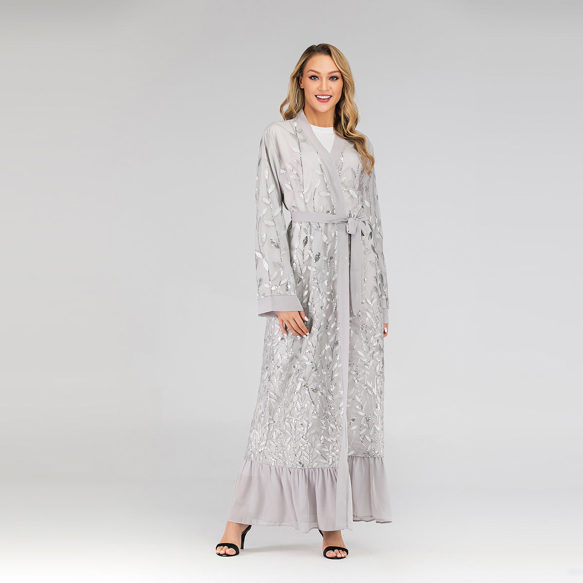 Lace Leaf Embroidery Sequins Open Abaya