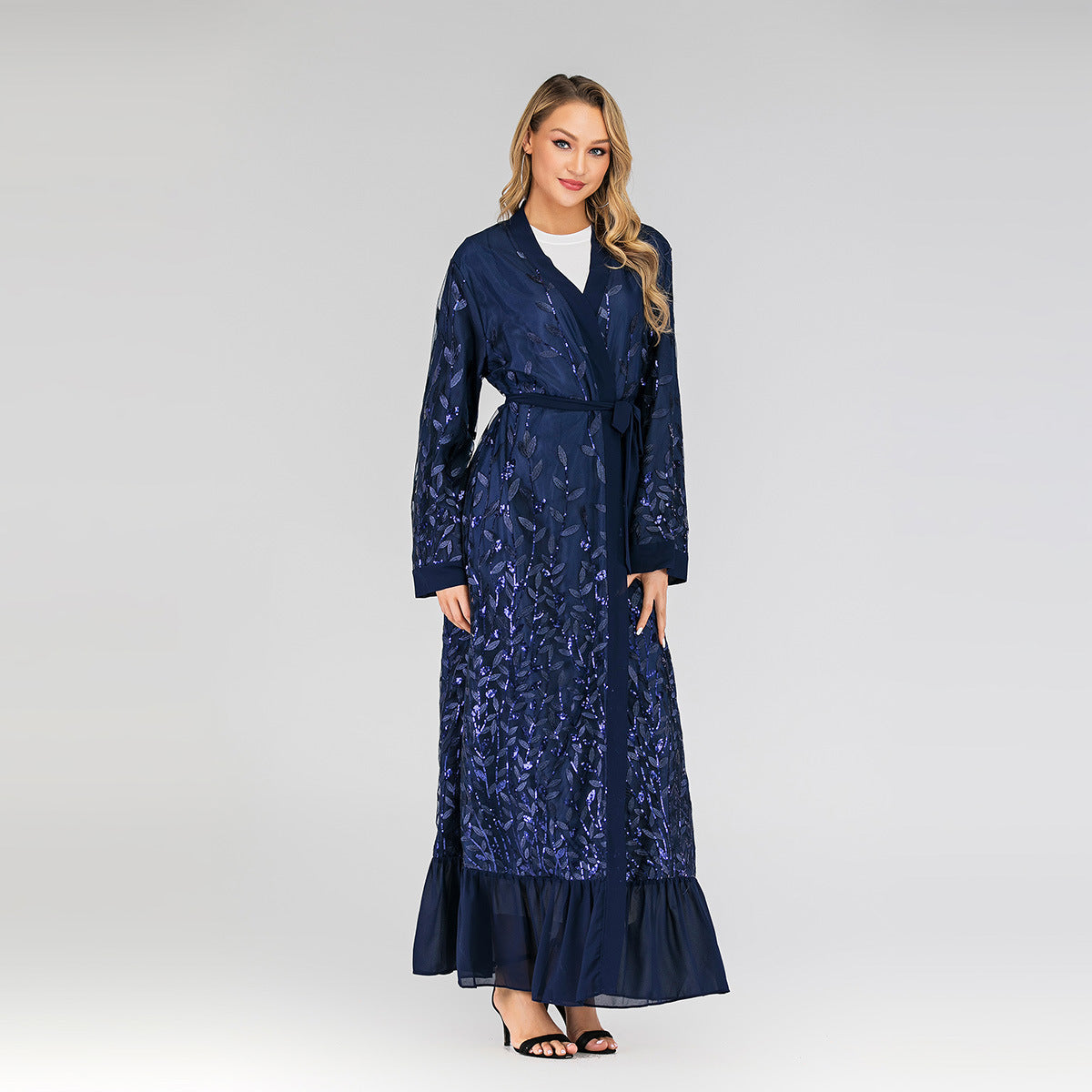 Lace Leaf Embroidery Sequins Open Abaya