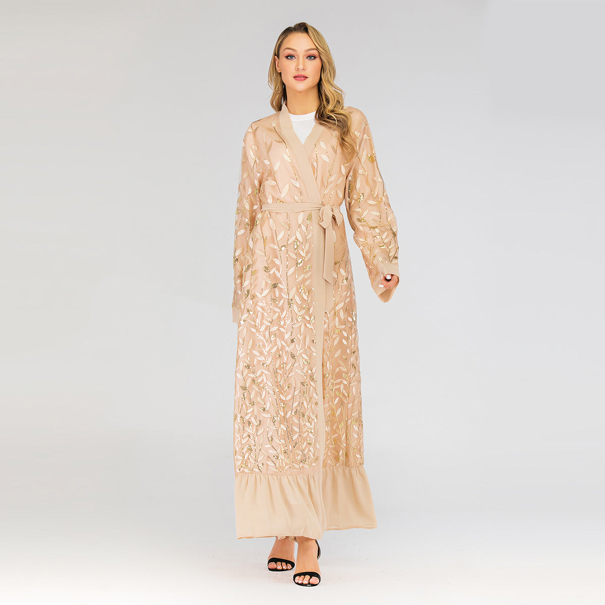 Lace Leaf Embroidery Sequins Open Abaya