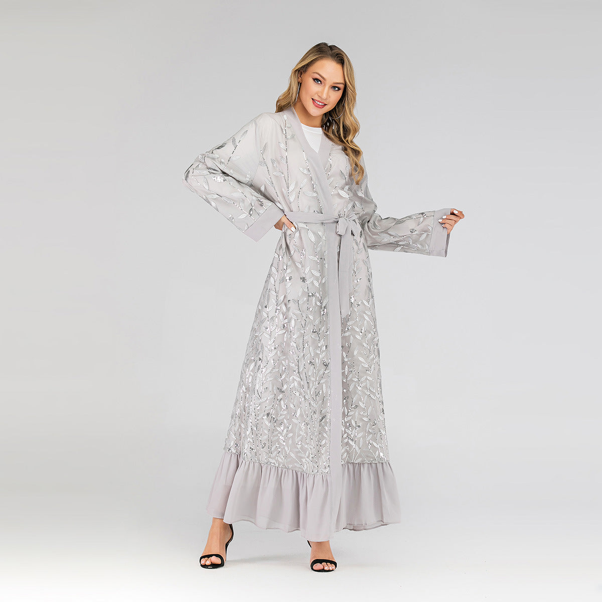 Lace Leaf Embroidery Sequins Open Abaya