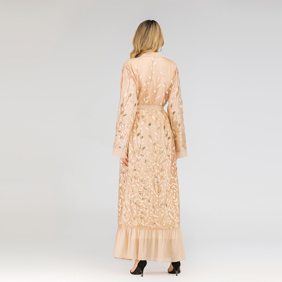 Lace Leaf Embroidery Sequins Open Abaya