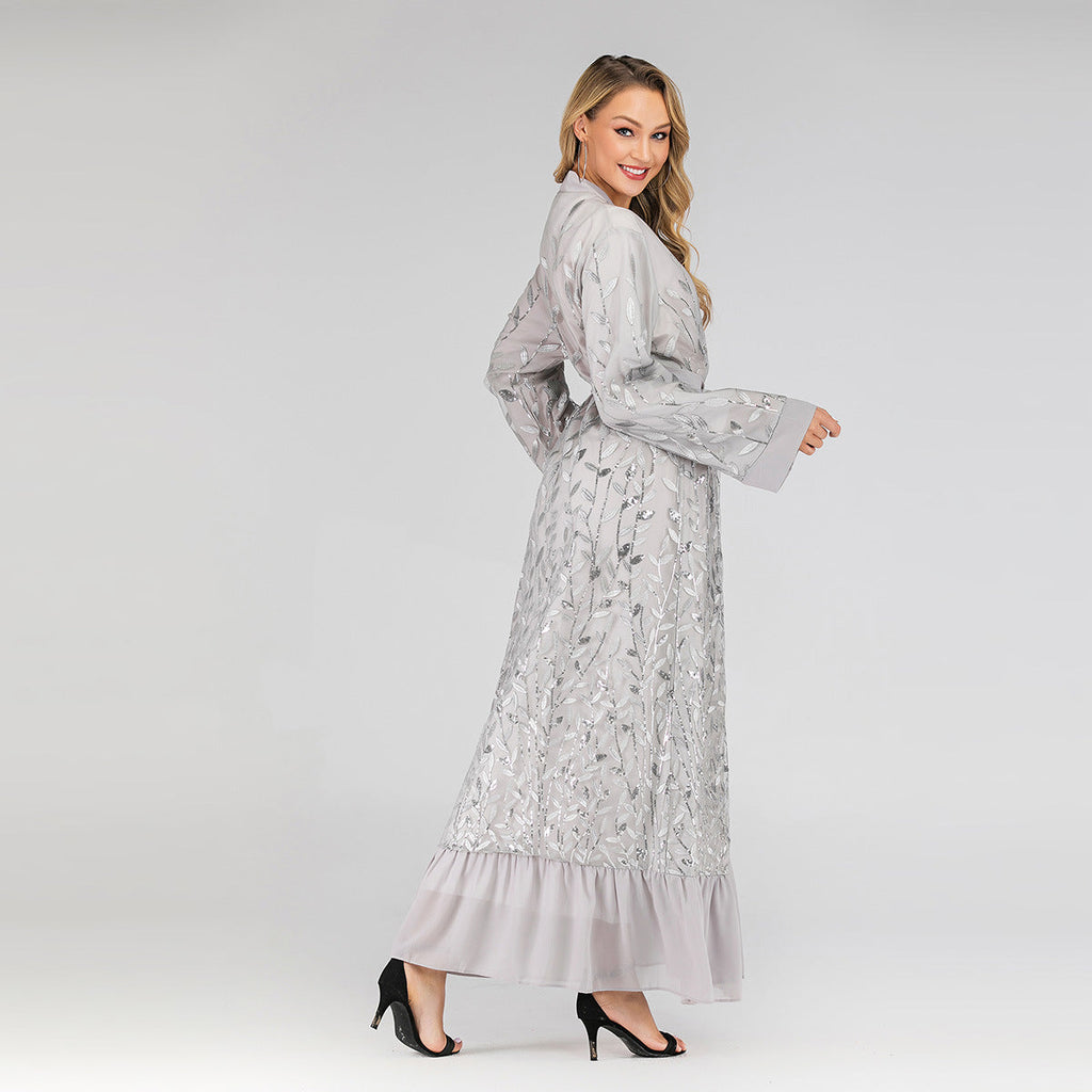 Lace Leaf Embroidery Sequins Open Abaya