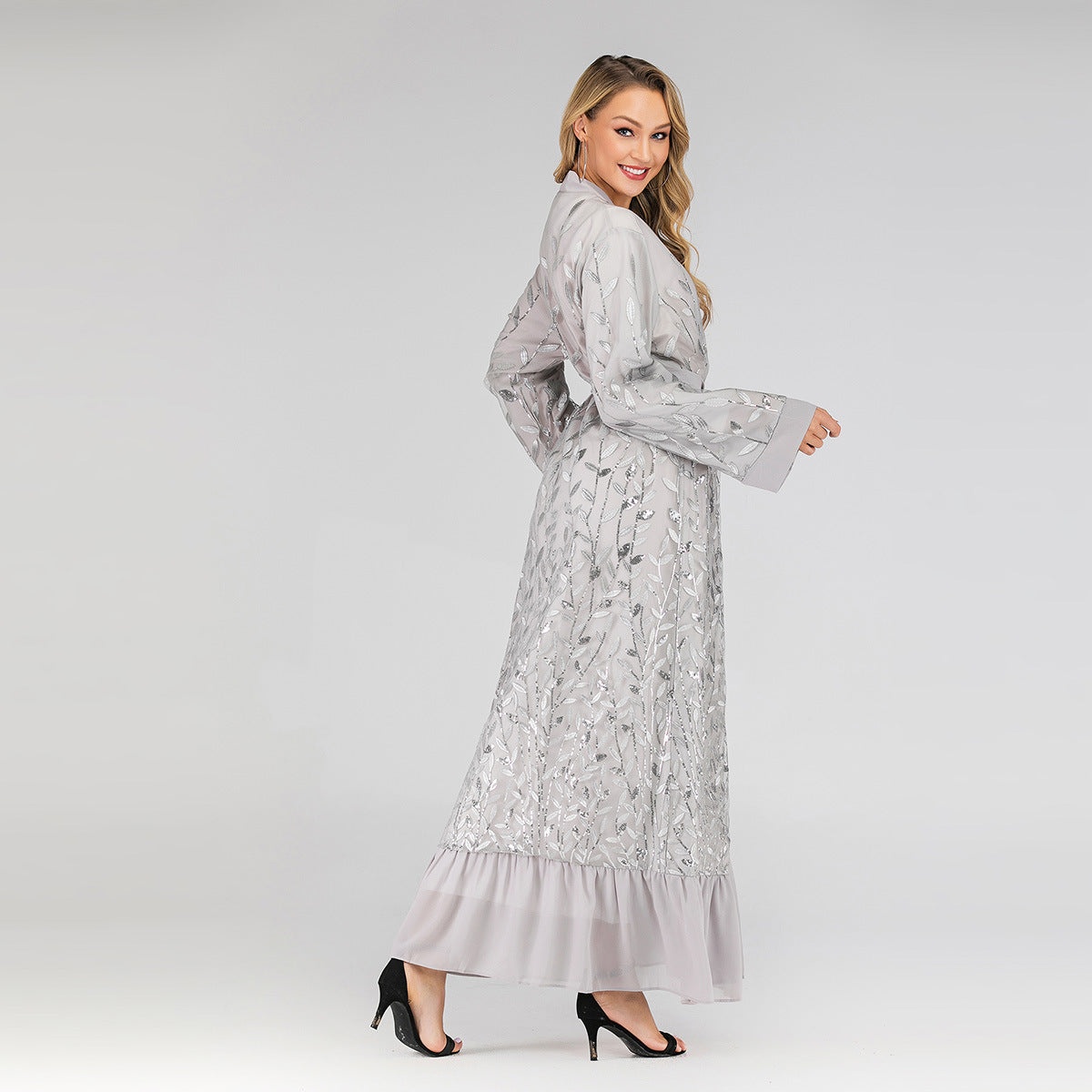 Lace Leaf Embroidery Sequins Open Abaya