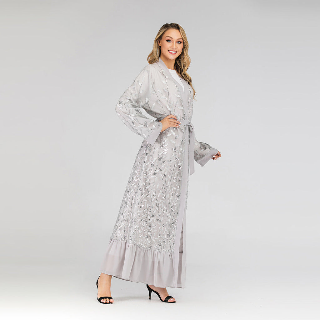 Lace Leaf Embroidery Sequins Open Abaya