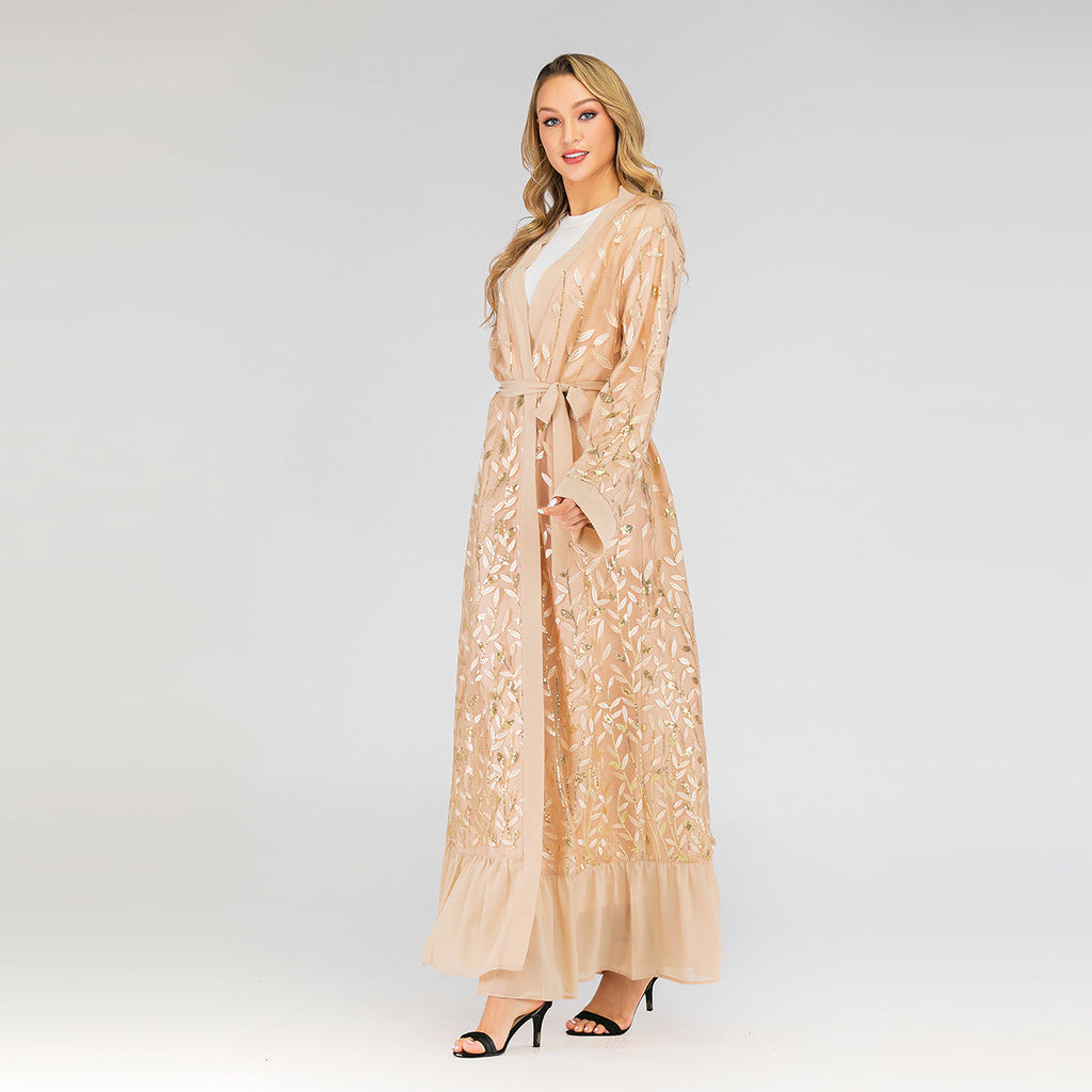 Lace Leaf Embroidery Sequins Open Abaya