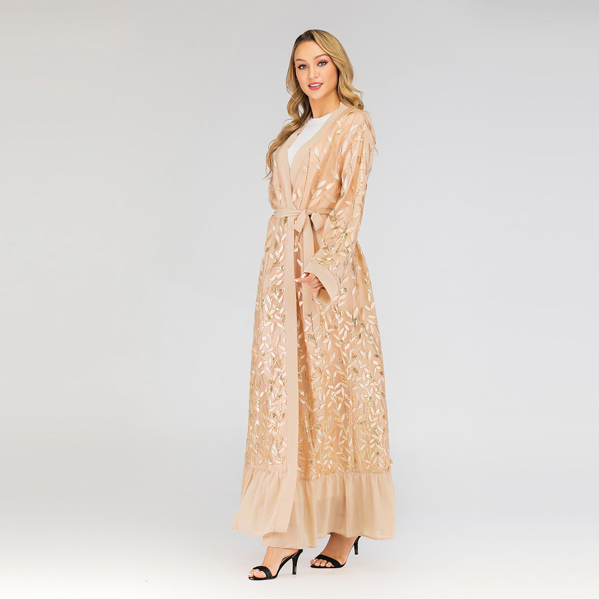 Lace Leaf Embroidery Sequins Open Abaya