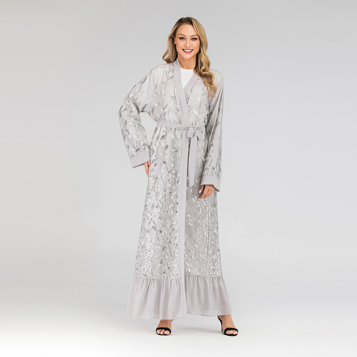 Lace Leaf Embroidery Sequins Open Abaya