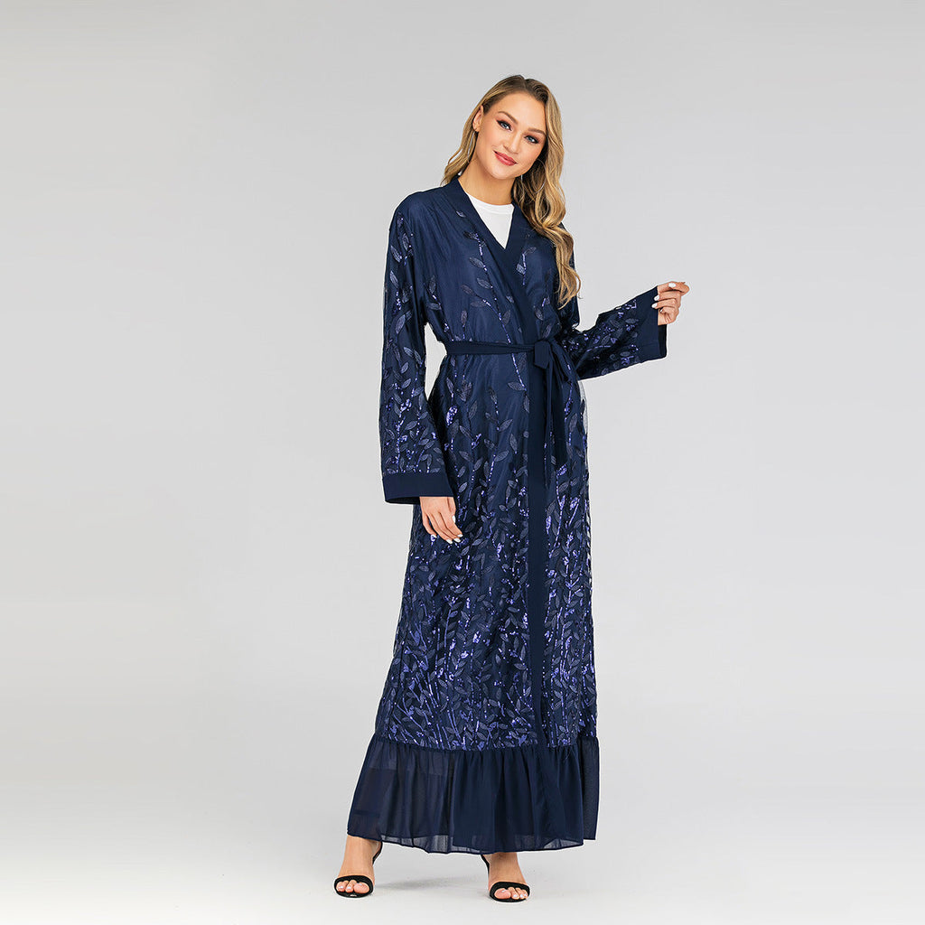 Lace Leaf Embroidery Sequins Open Abaya