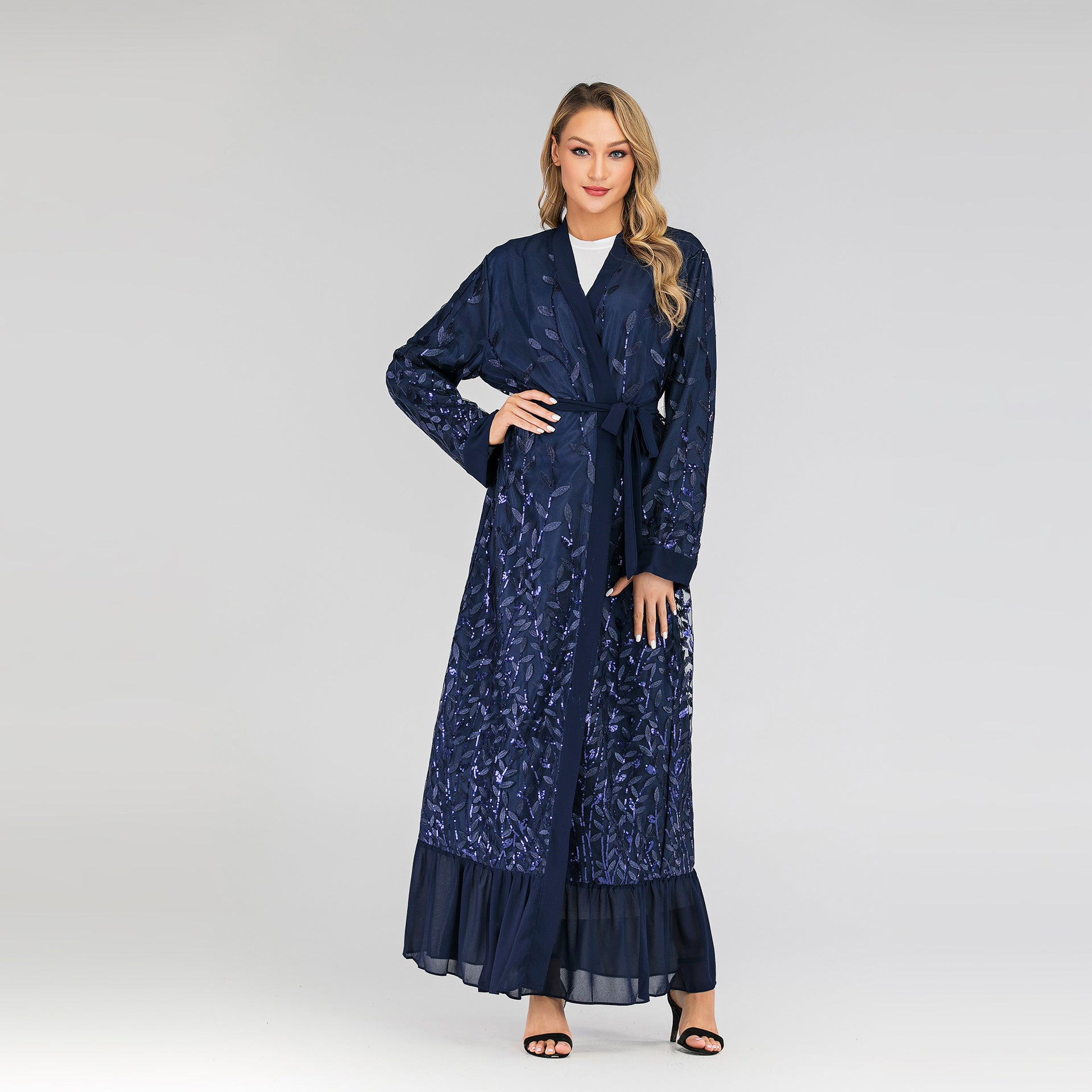 Lace Leaf Embroidery Sequins Open Abaya