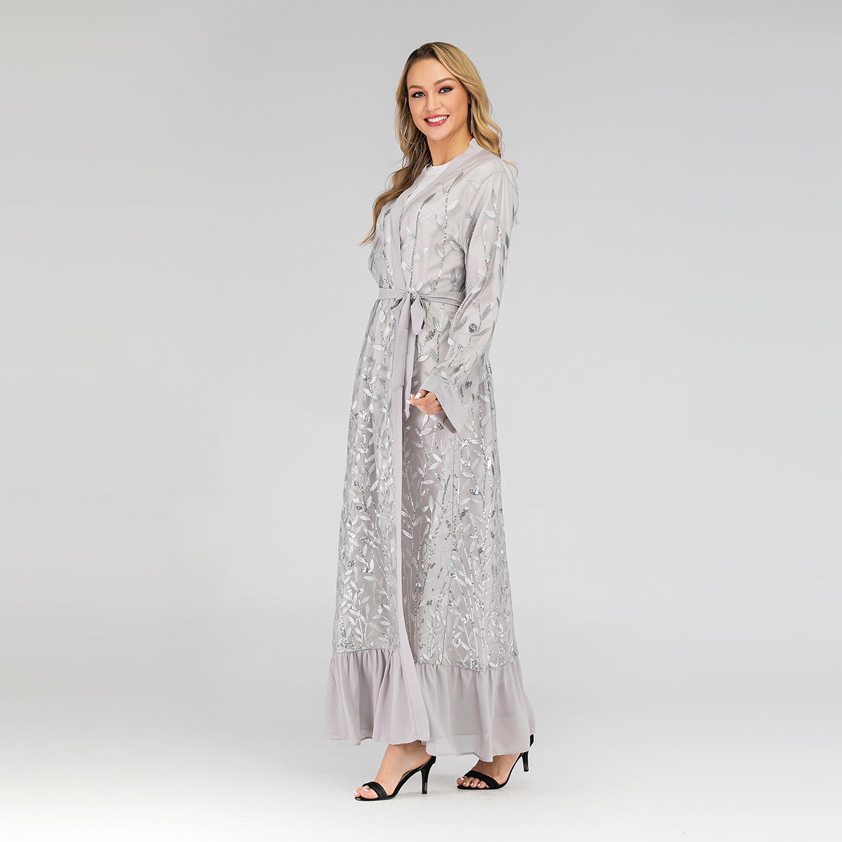 Lace Leaf Embroidery Sequins Open Abaya