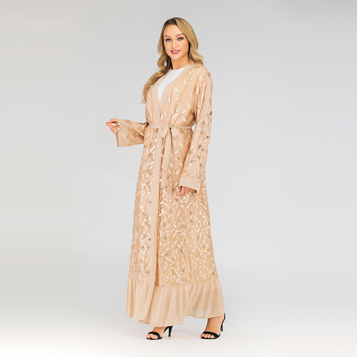 Lace Leaf Embroidery Sequins Open Abaya