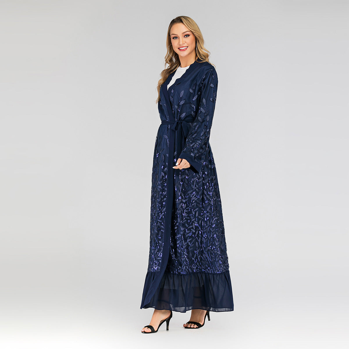 Lace Leaf Embroidery Sequins Open Abaya