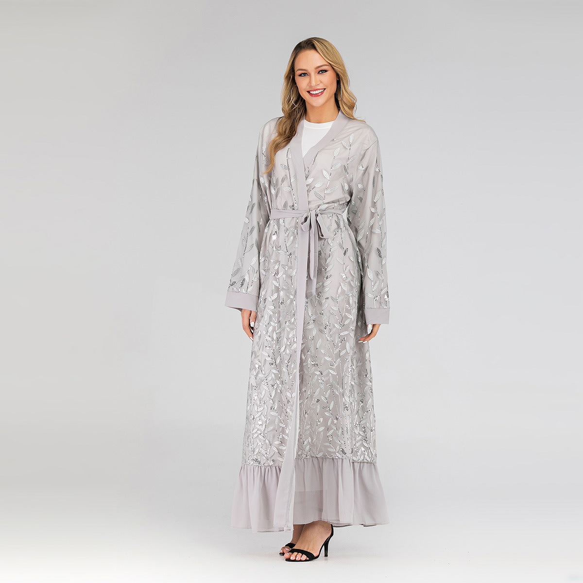 Lace Leaf Embroidery Sequins Open Abaya