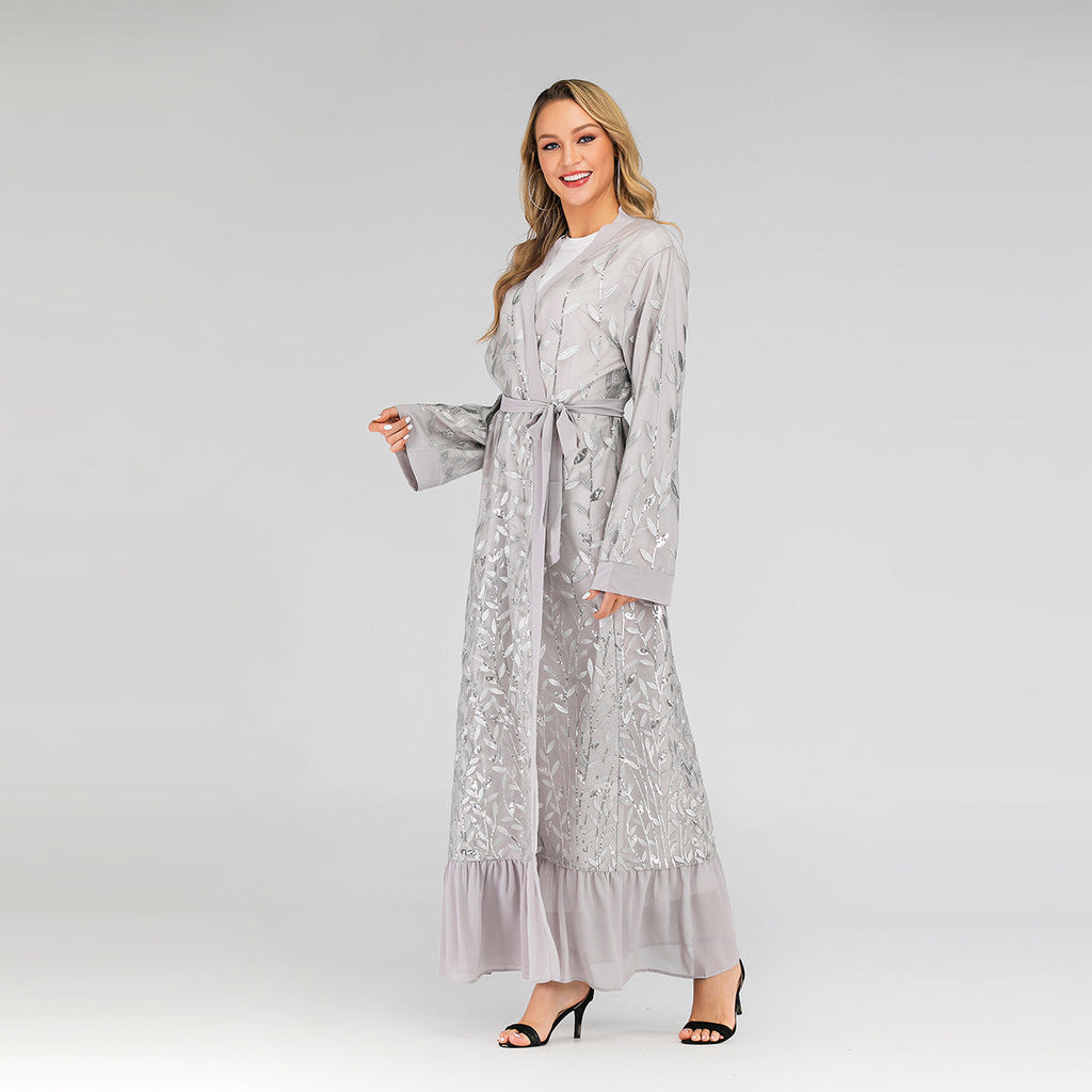 Lace Leaf Embroidery Sequins Open Abaya