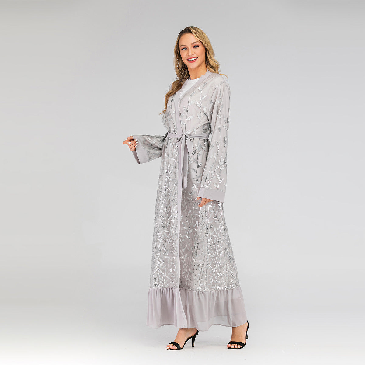 Lace Leaf Embroidery Sequins Open Abaya