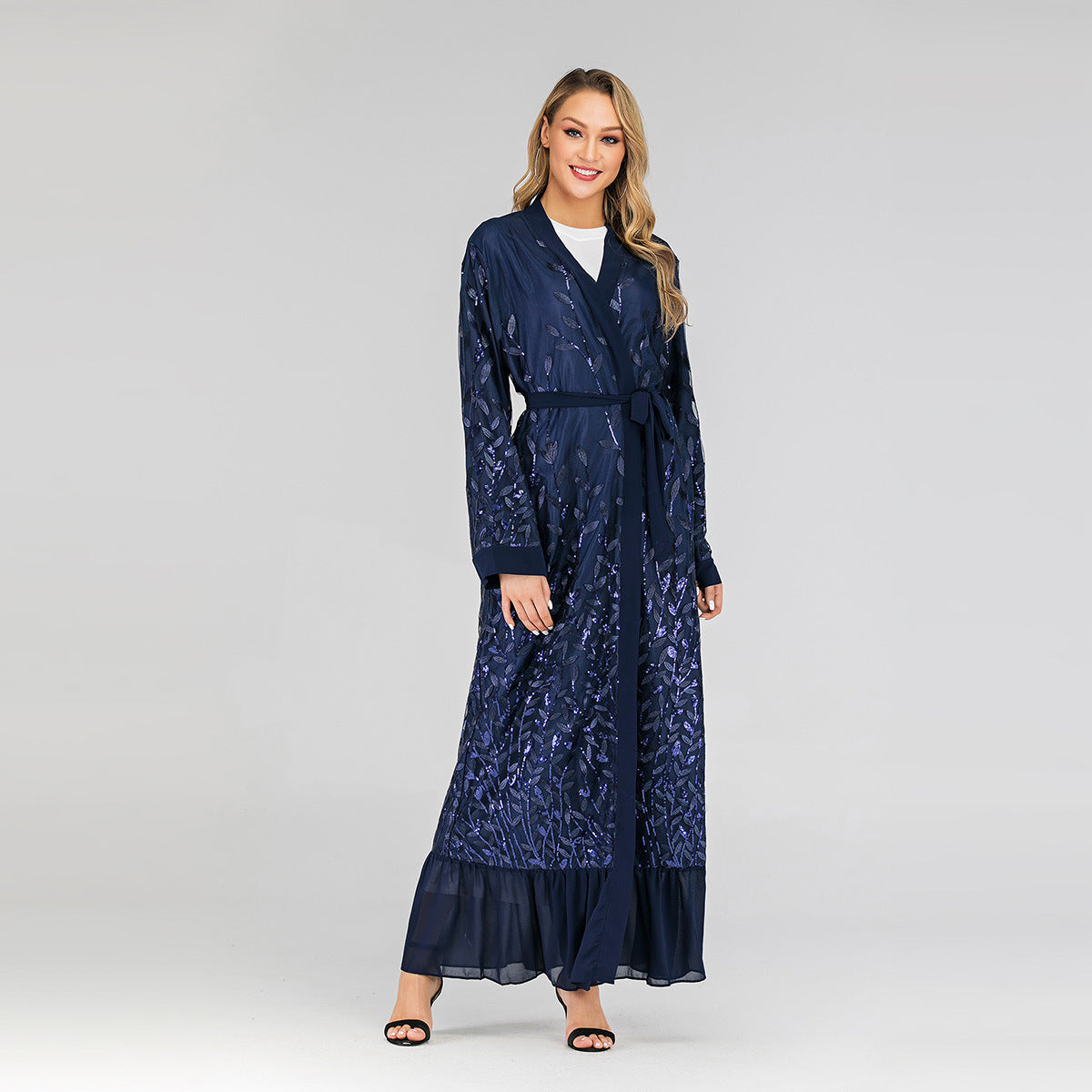 Lace Leaf Embroidery Sequins Open Abaya