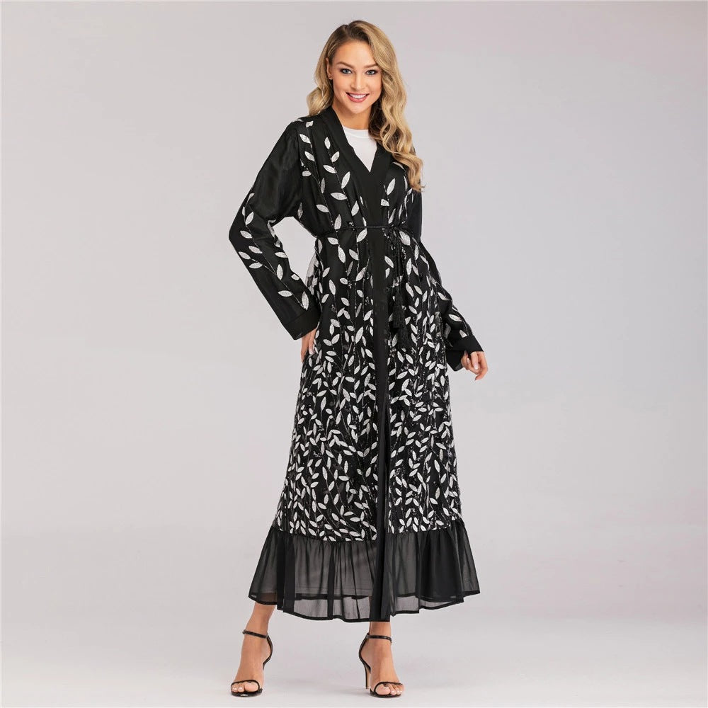 Lace Leaf Embroidery Sequins Open Abaya
