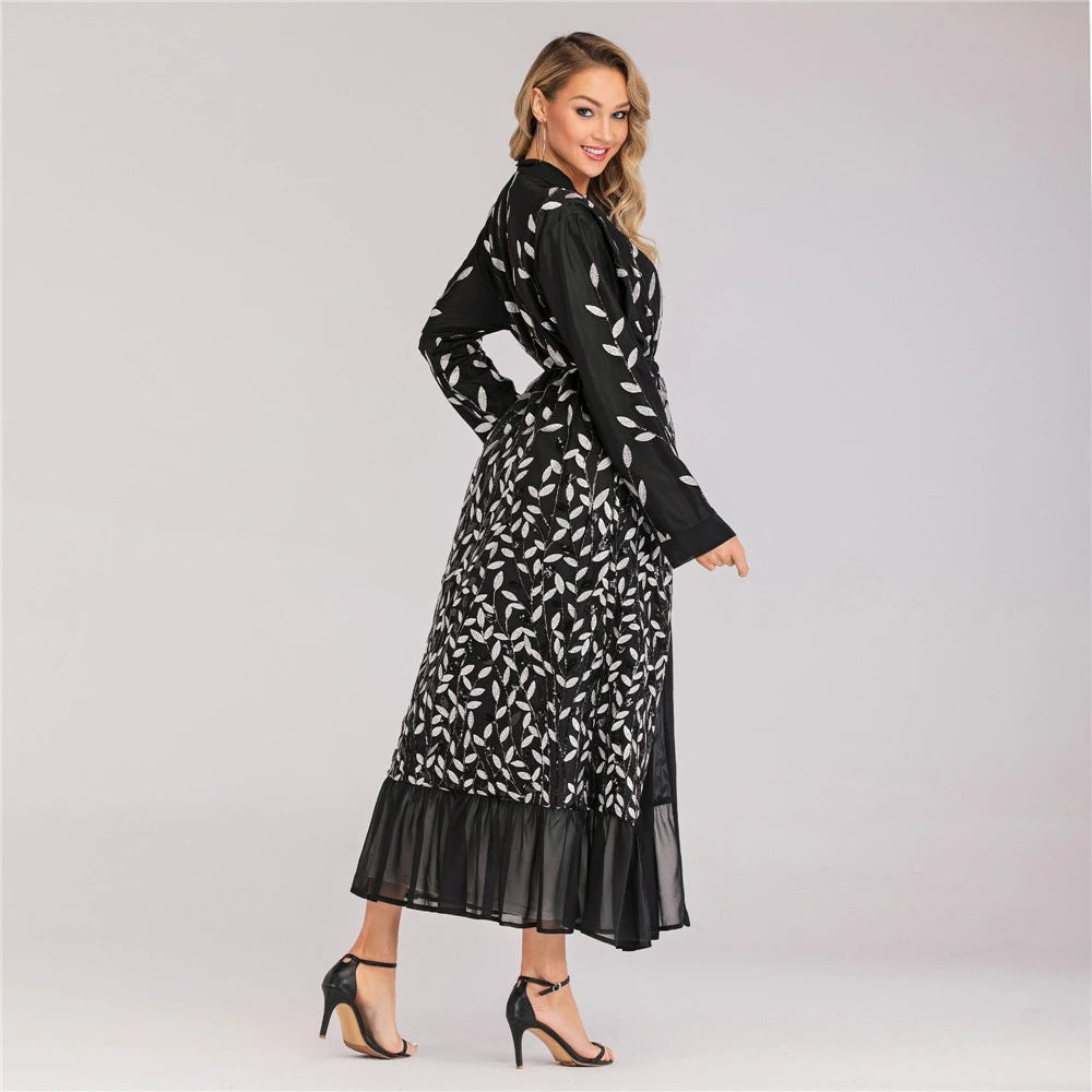 Lace Leaf Embroidery Sequins Open Abaya