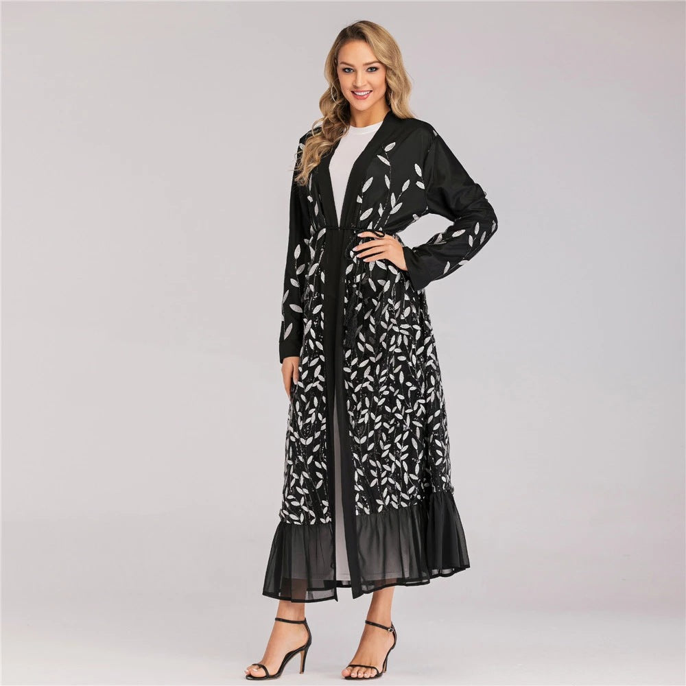Lace Leaf Embroidery Sequins Open Abaya