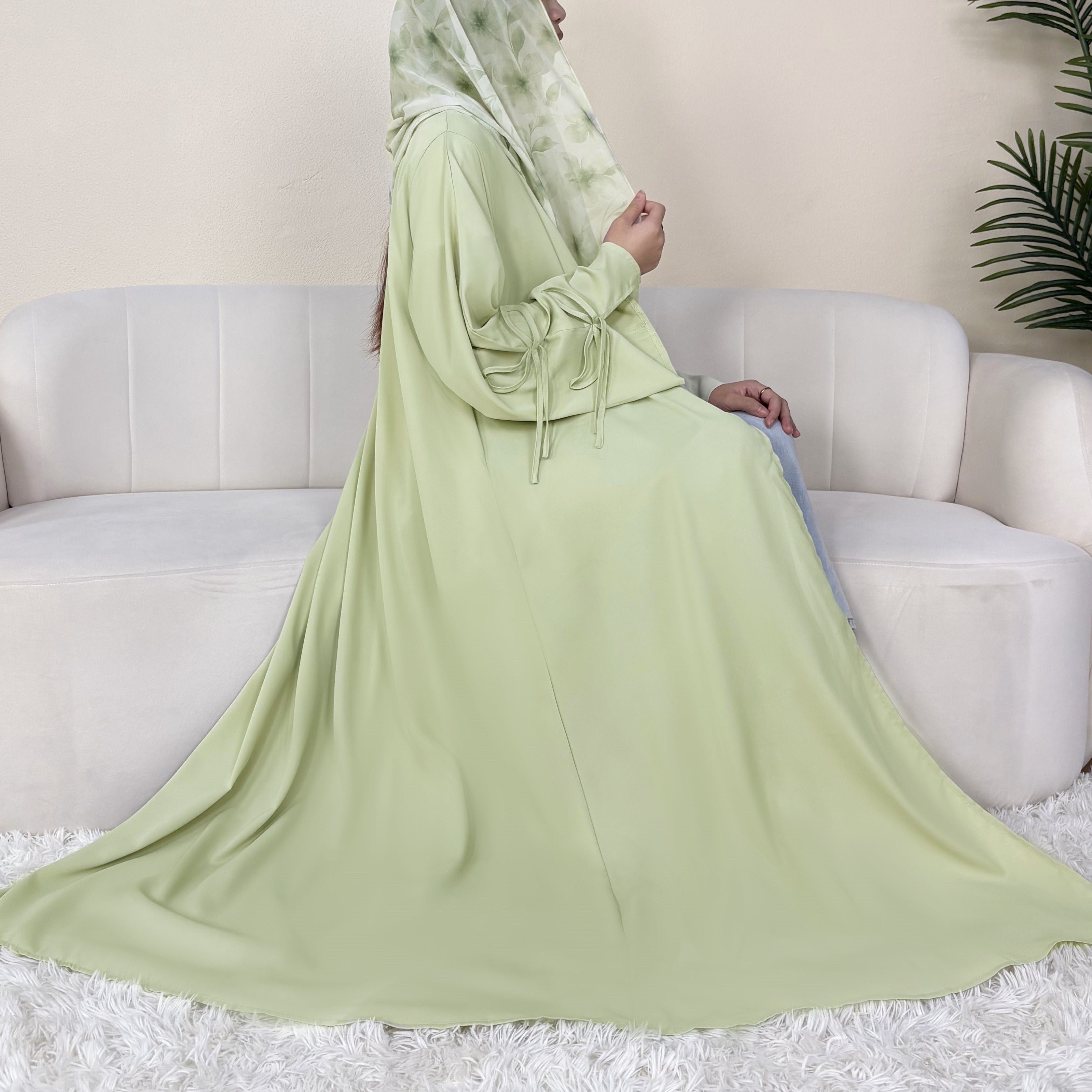 Solid Color Bow-Cuff Abaya with Hijab