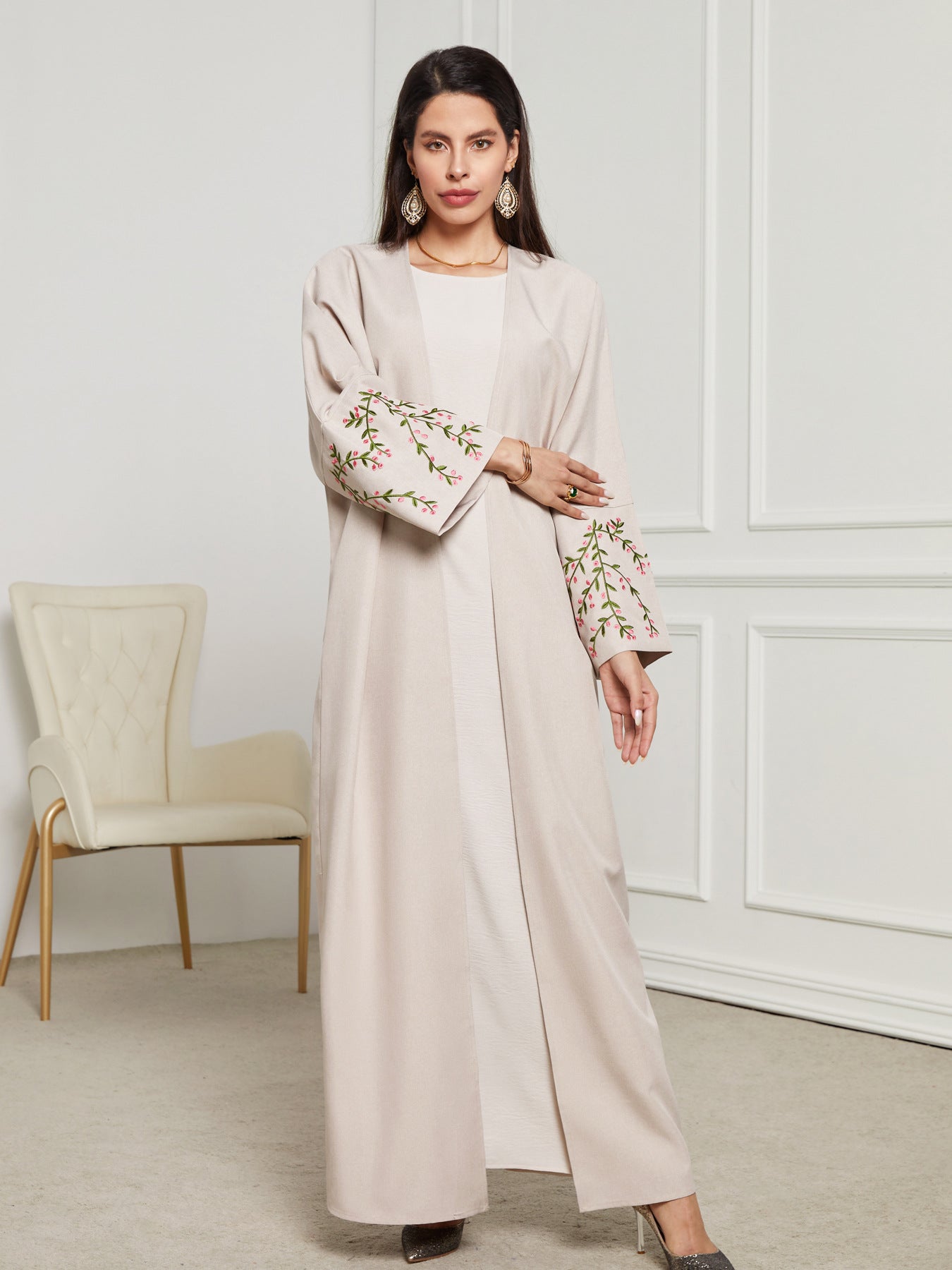 Embroidery Casual Open Kimono Abaya Moroccan