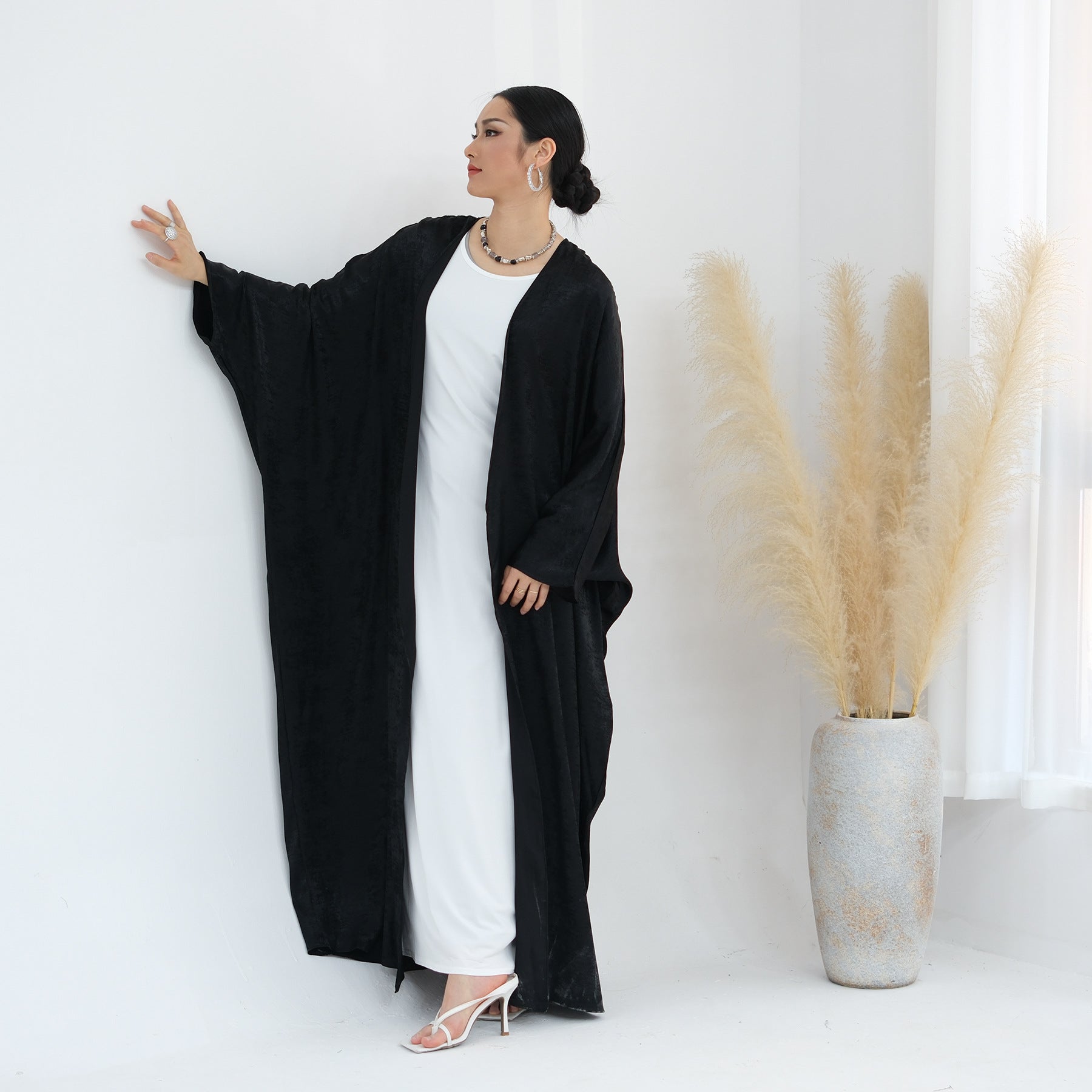 Shiny Satin Open Kimono Butterfly Abaya