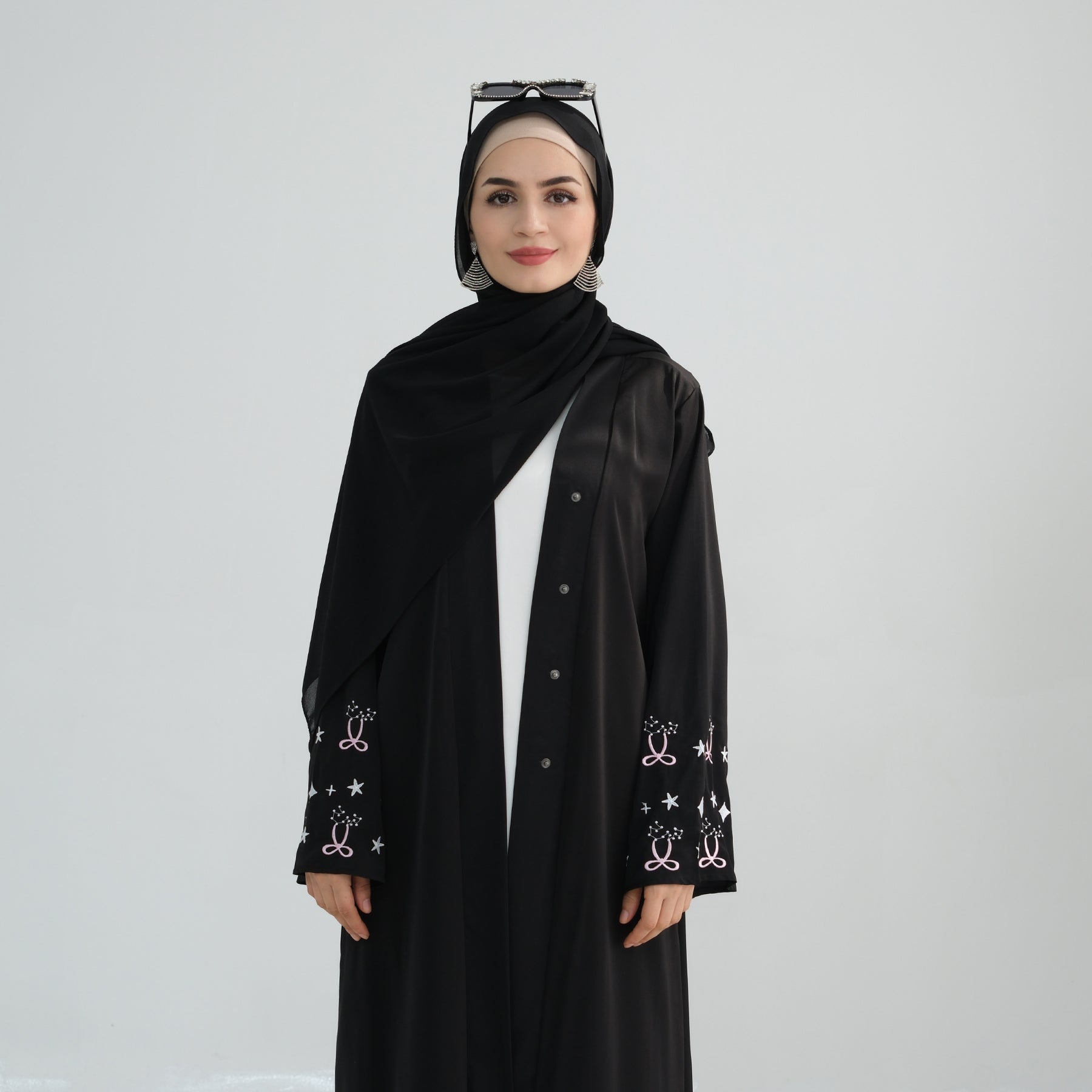 Bow Embroidery Kimono Open Abaya with Hijab