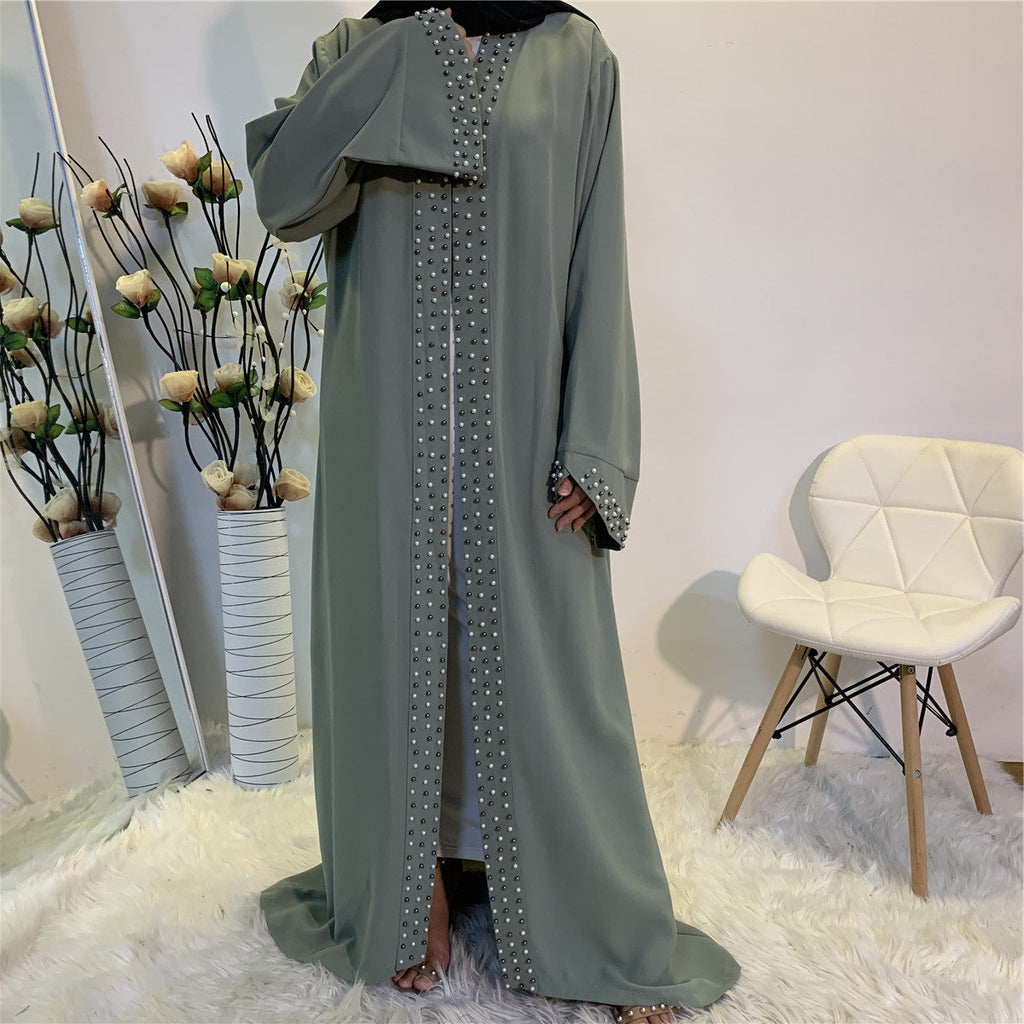 Elegant Pure Color Bead Strap Open Abaya
