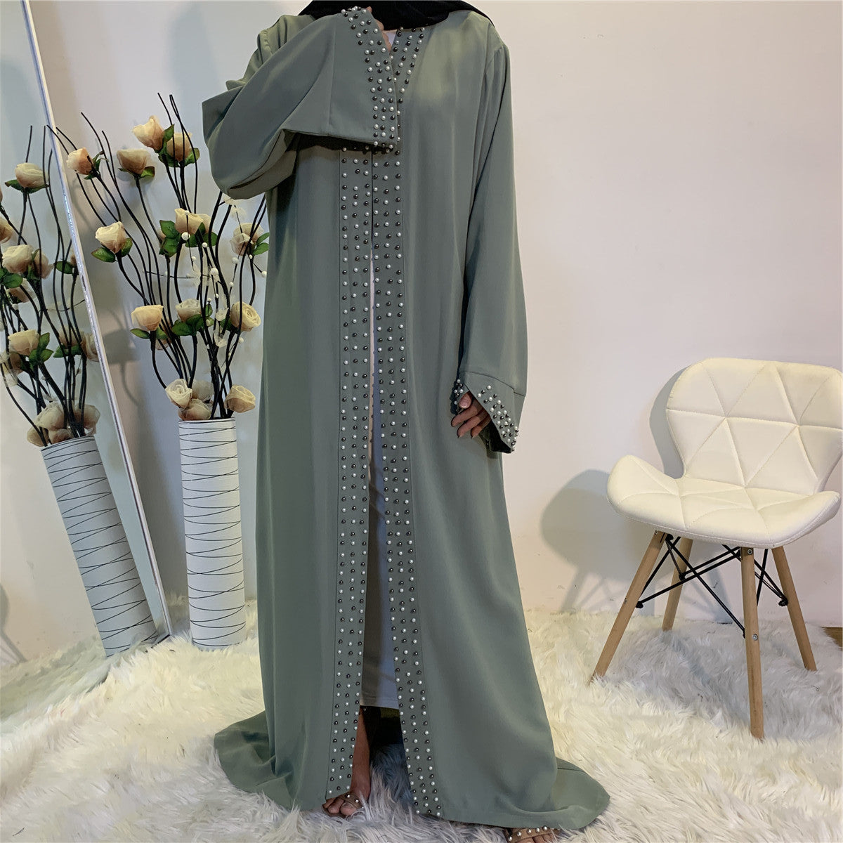 Elegant Pure Color Bead Strap Open Abaya