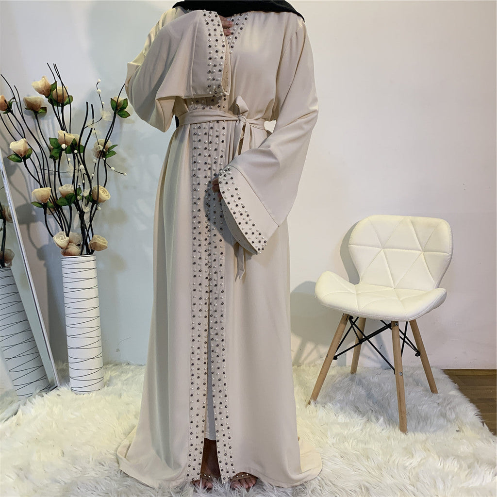 Elegant Pure Color Bead Strap Open Abaya