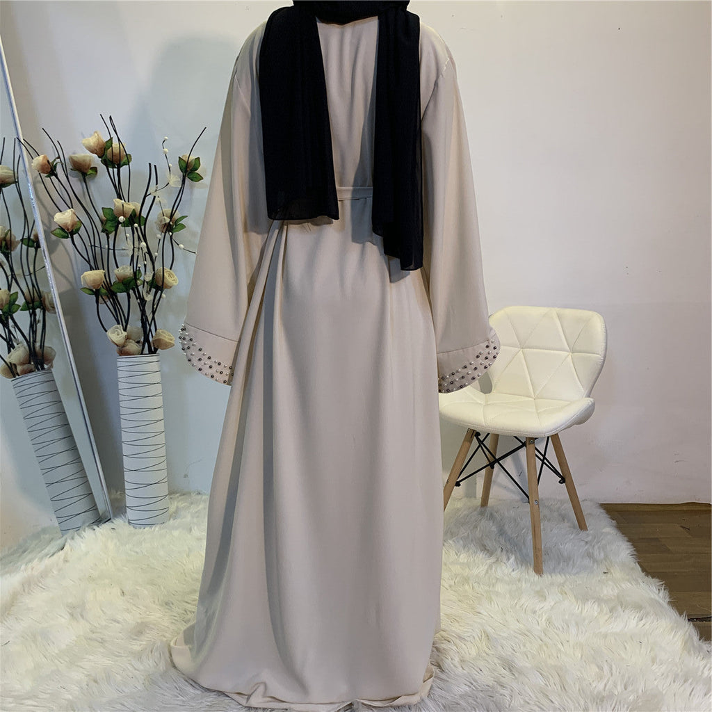Elegant Pure Color Bead Strap Open Abaya