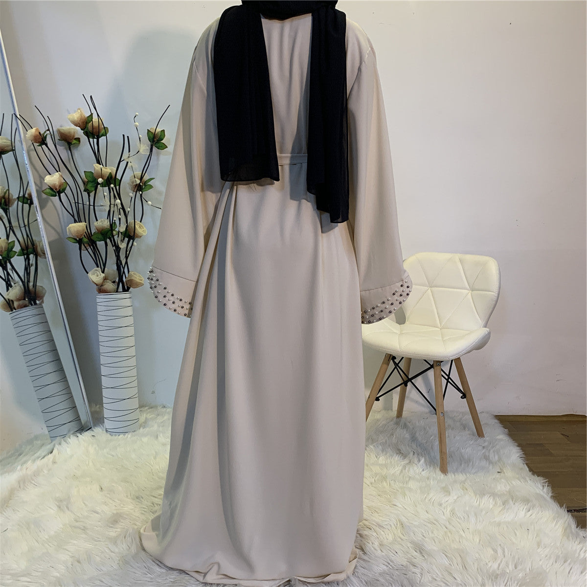 Elegant Pure Color Bead Strap Open Abaya