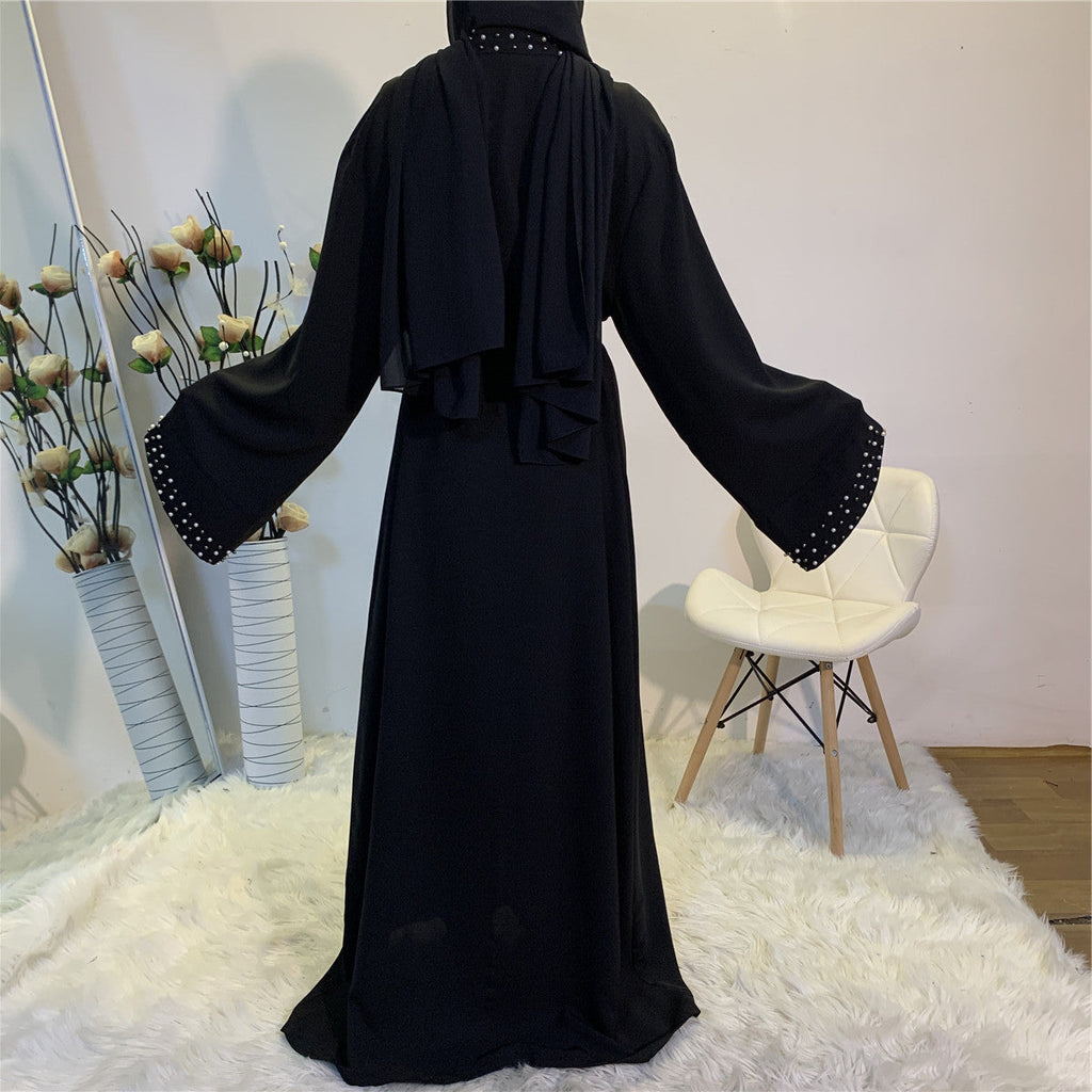 Elegant Pure Color Bead Strap Open Abaya