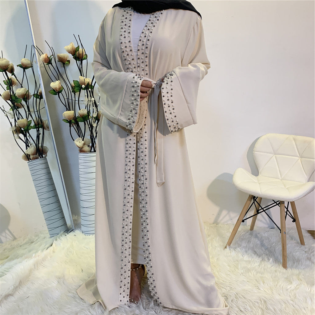 Elegant Pure Color Bead Strap Open Abaya