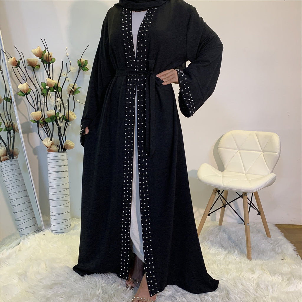Elegant Pure Color Bead Strap Open Abaya