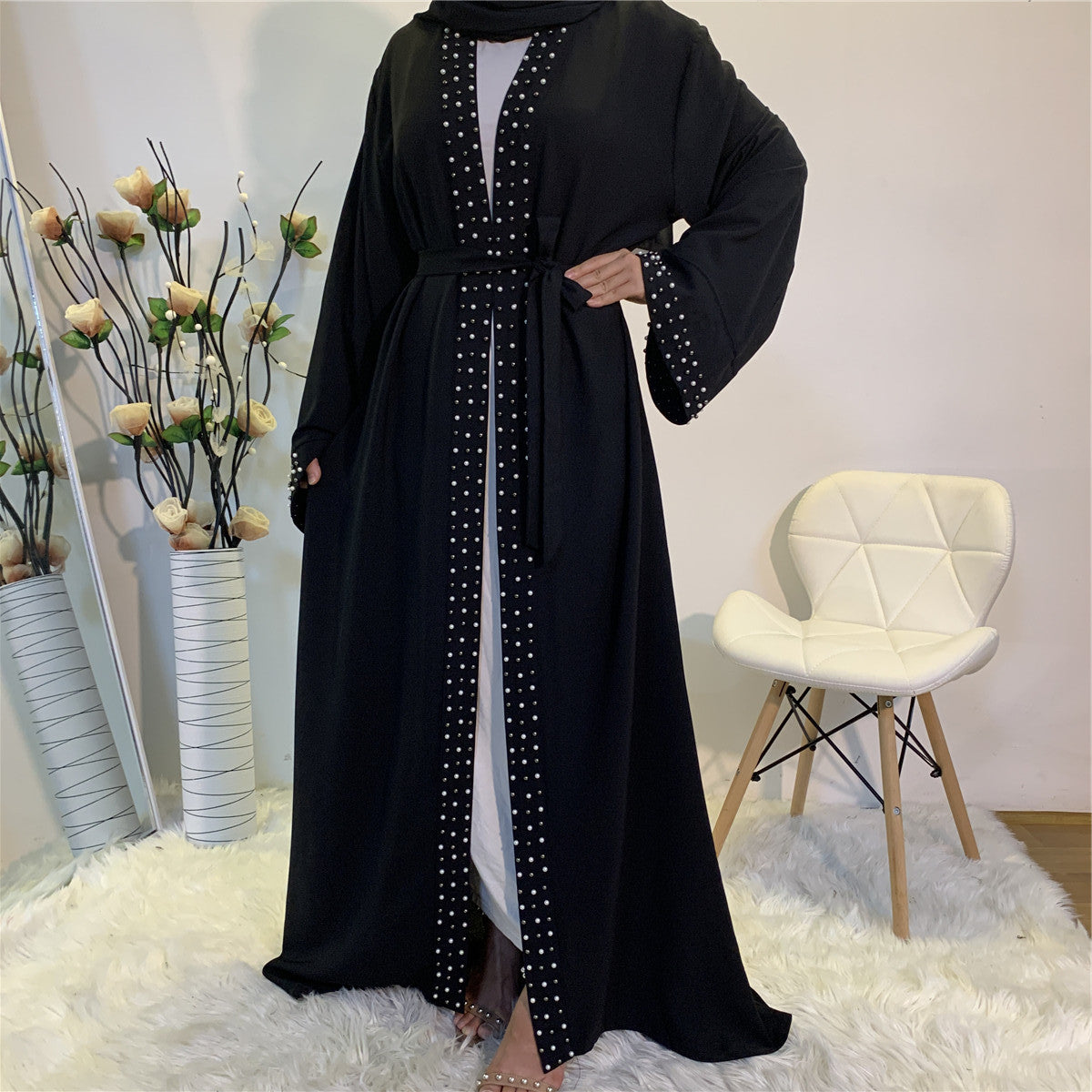 Elegant Pure Color Bead Strap Open Abaya