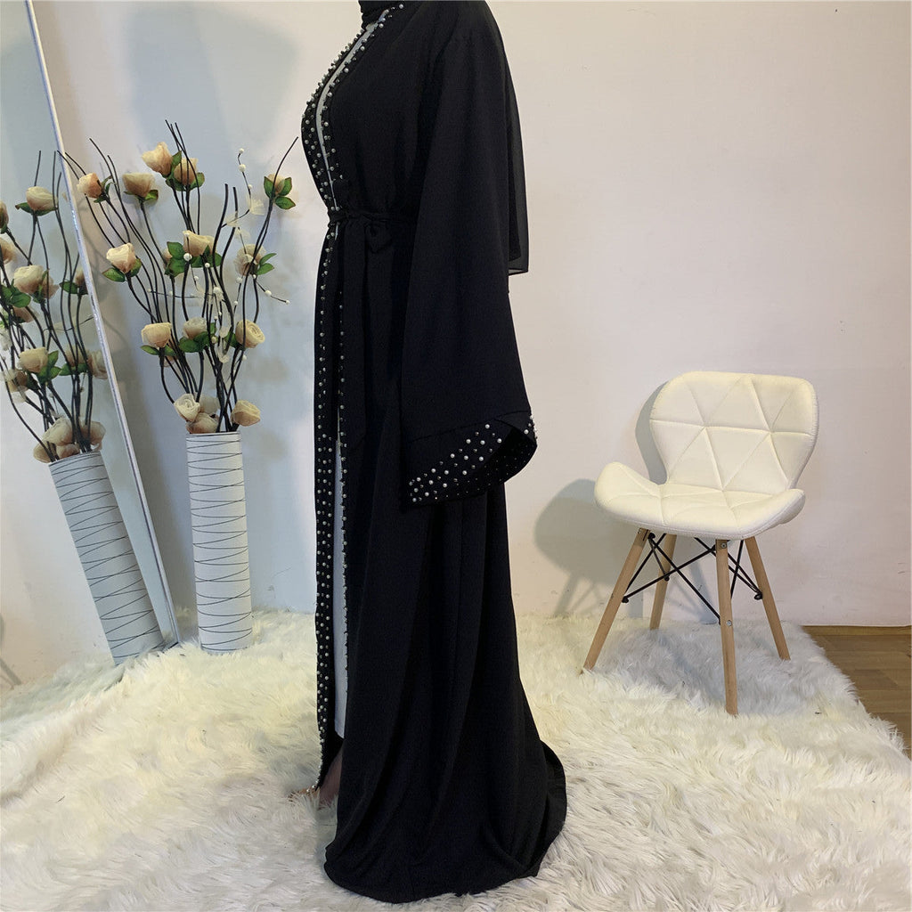 Elegant Pure Color Bead Strap Open Abaya