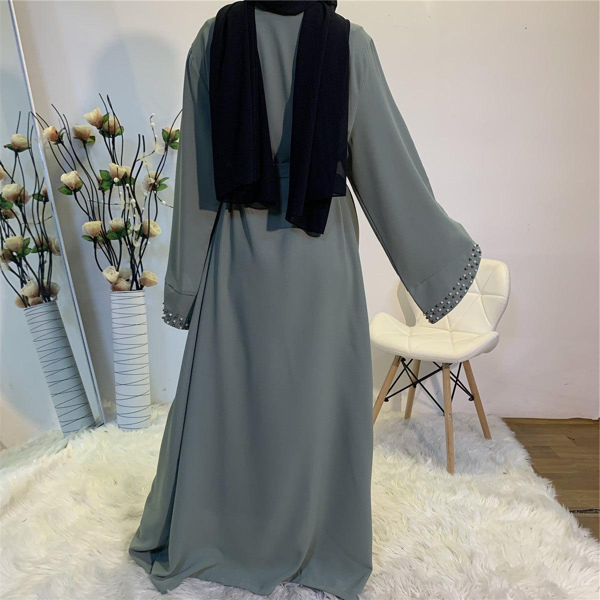 Elegant Pure Color Bead Strap Open Abaya