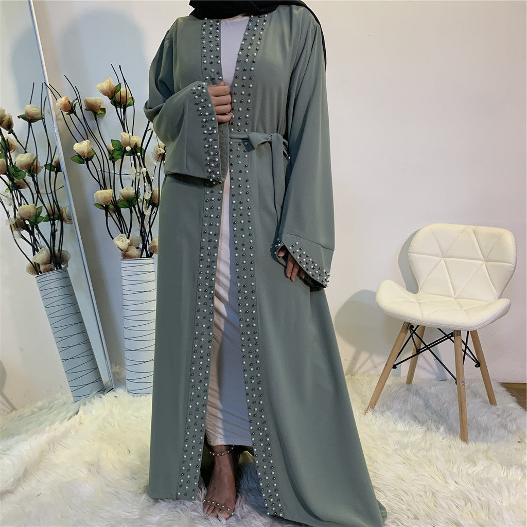 Elegant Pure Color Bead Strap Open Abaya