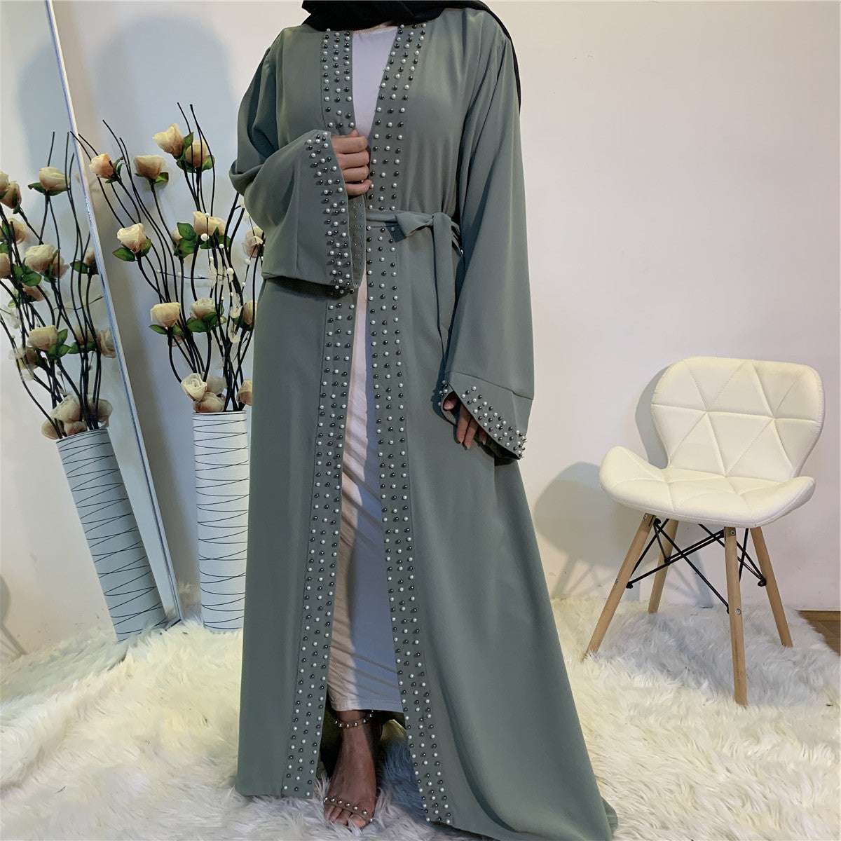 Elegant Pure Color Bead Strap Open Abaya
