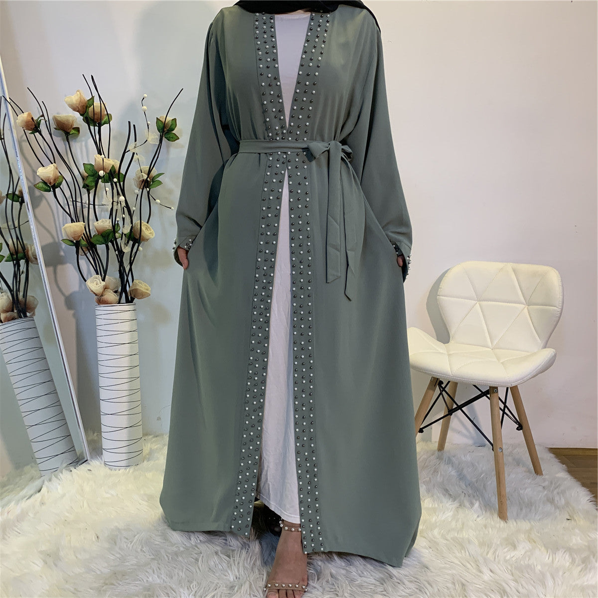 Elegant Pure Color Bead Strap Open Abaya