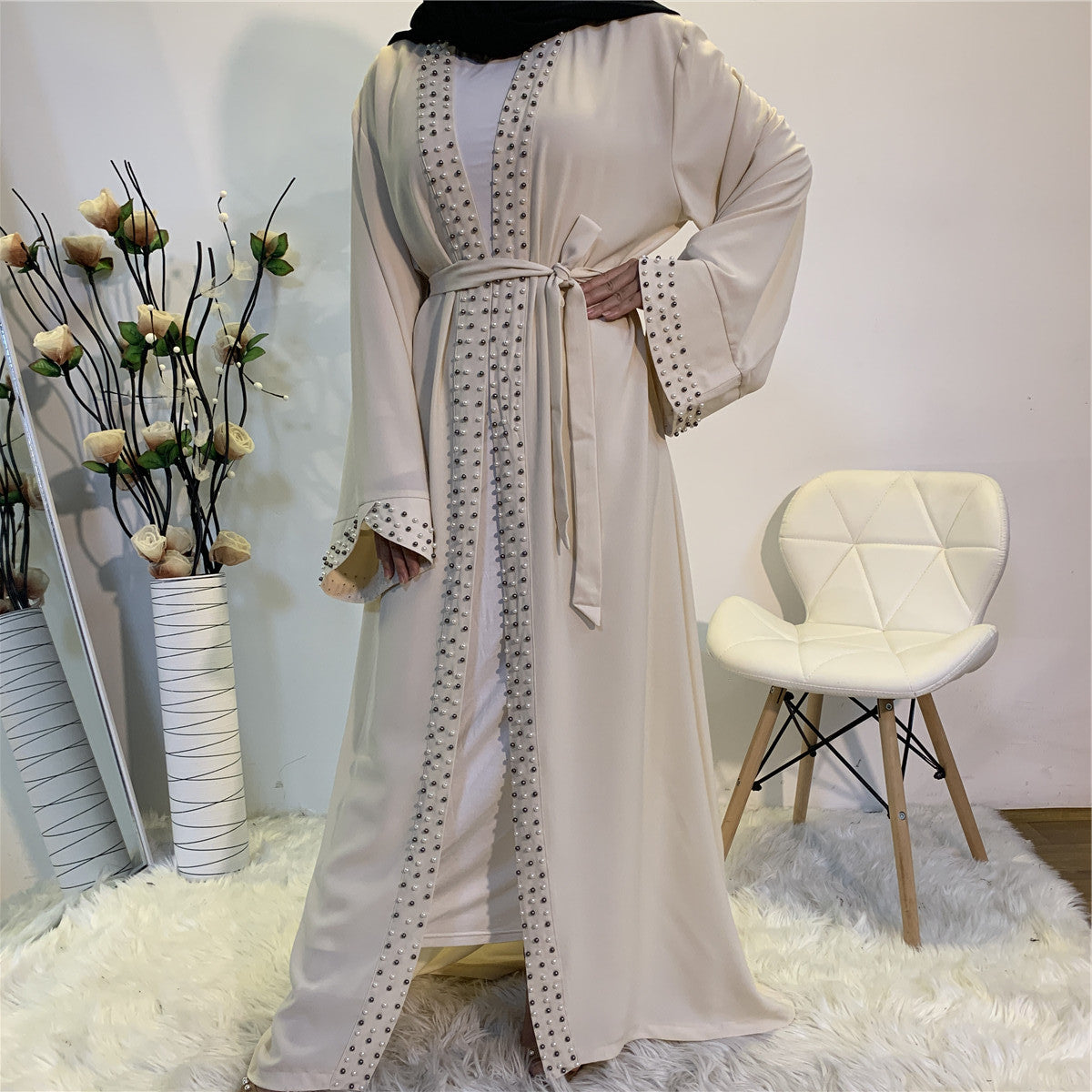 Elegant Pure Color Bead Strap Open Abaya