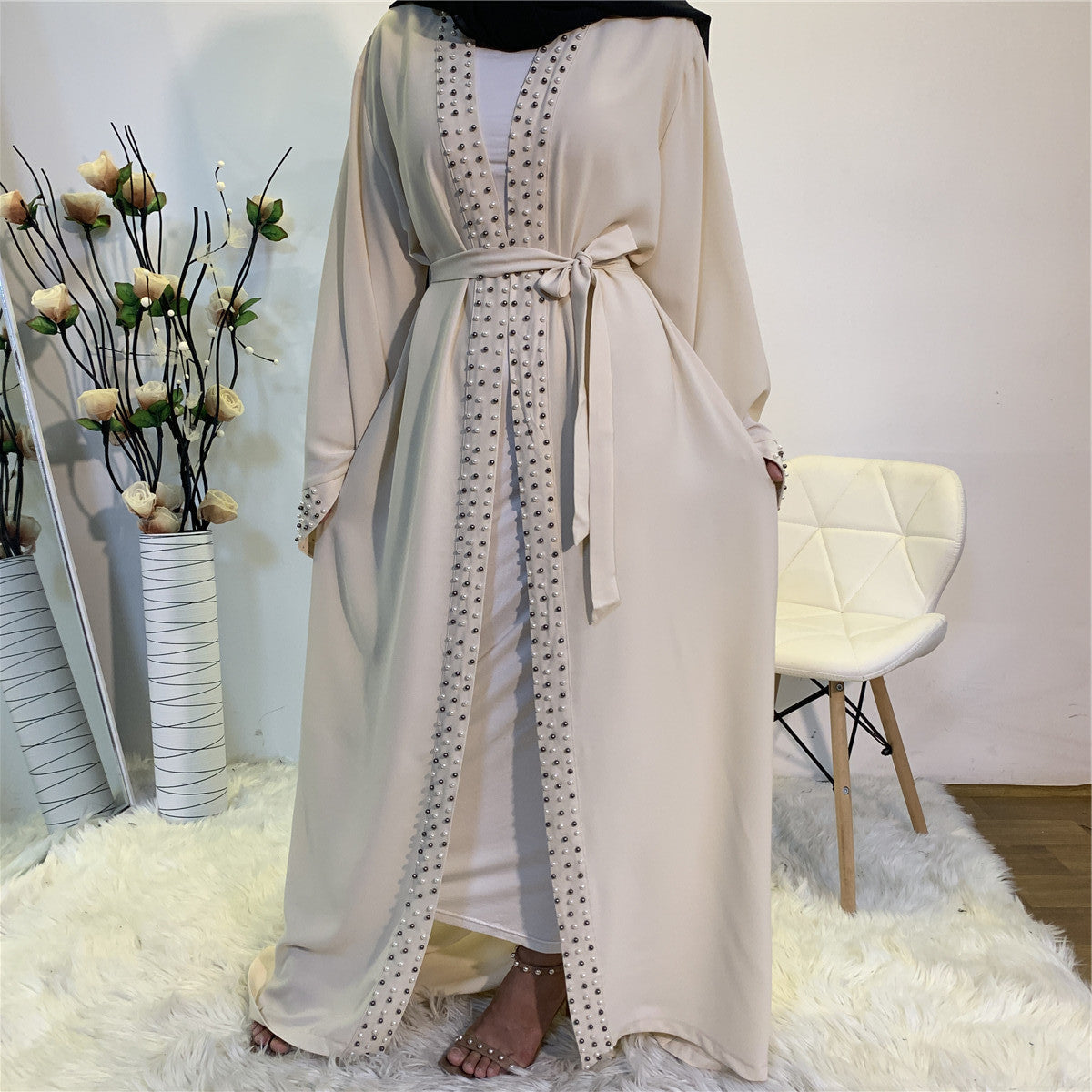 Elegant Pure Color Bead Strap Open Abaya
