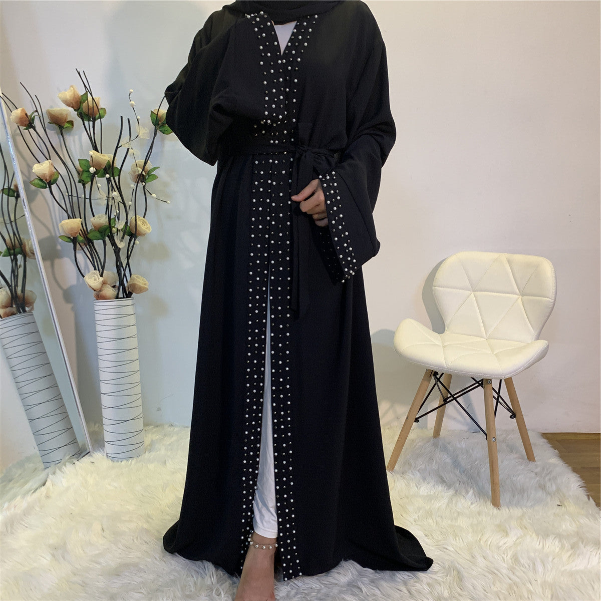 Elegant Pure Color Bead Strap Open Abaya