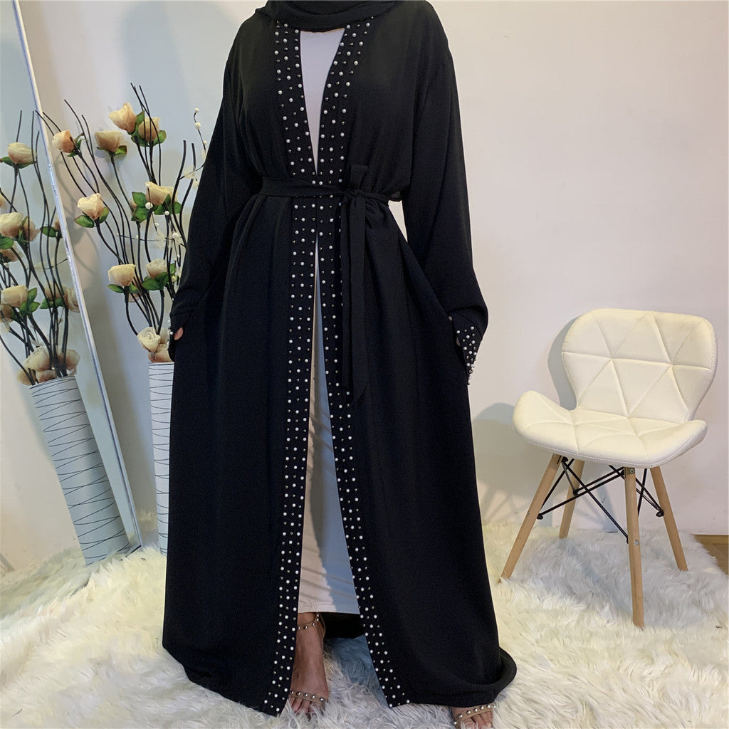 Elegant Pure Color Bead Strap Open Abaya